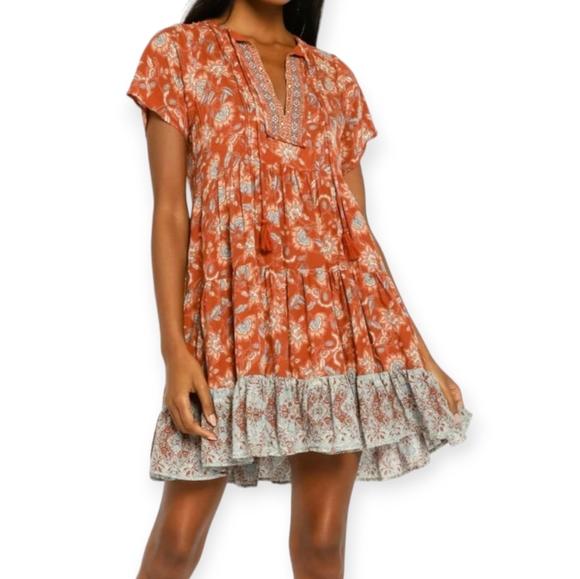 The Impeccable Pig Rust Paisley Boho Tunic Mini Dress sz L - Picture 1 of 12